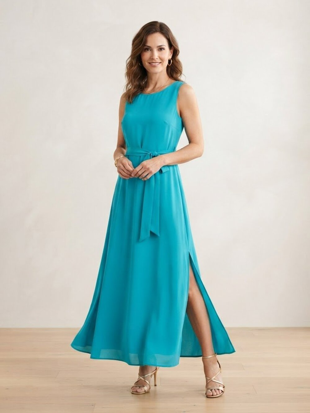 NWT Laura Bettini Turquoise Maxi Dress Side Slit with Belt